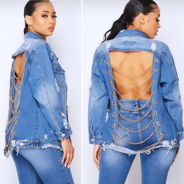 

women's jackets spring fall jacket backless loose long sleeve lapel neck pocket chain metal buttons denim outerwear coats streetwear, Black;brown