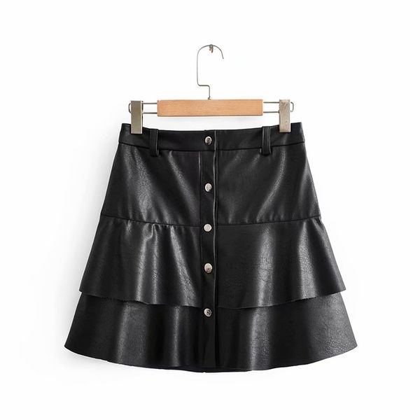 

new women vintage cascading ruffles pu leather mini skirt faldas mujer ladies single breasted casual vestidos chic skirts qun526 210412, Black