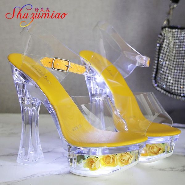 

sandals square heels glowing women summer led flowers transparent high shining platform thick heel ladies banquet shoes, Black