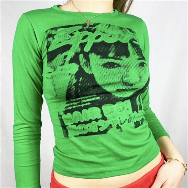 

women's t-shirt women long-sleeved with trendy portrait pattern street style autumn skinny fit navel clothing white/red/blue/green