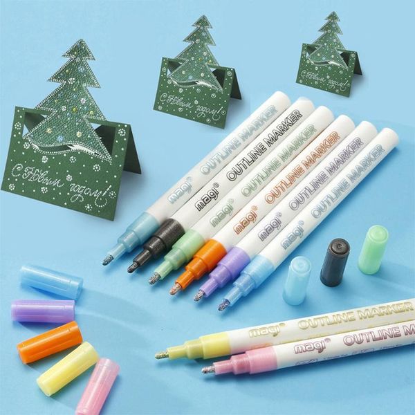 

highlighters 8-color highlighter marker pen double line outline diy hand account poster greeting card painting brush, Black;red