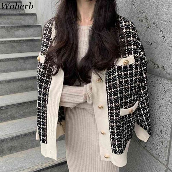 

vintage v neck women knitted sweaters coat korean chic plaid female cardigans sueter mujer jacket 210519, White