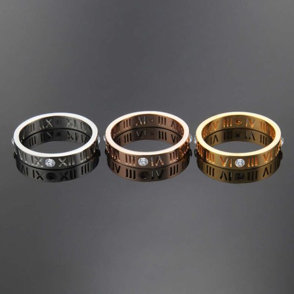 

creative new titanium steel four diamond hollow roman digital gold ring women's jewelry, Black