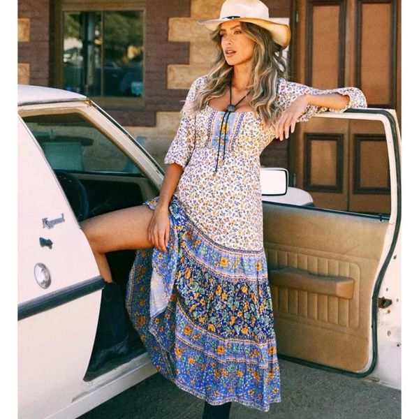 

casual dresses vinatge chic midi dress women autumn puff sleeve floral printed bohemian long ladies holiday vestidos mujer robe, Black;gray