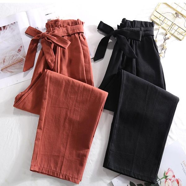 

bow tie wide loose nine point pants women spring and summer casual student high waist all match straight leg women's & capris, Black;white