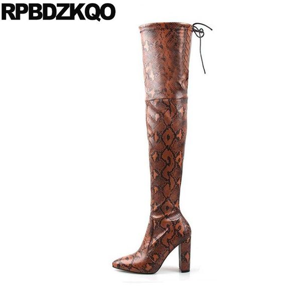 

boots snakeskin fashion high heel pointed toe orange big size shoes chunky thigh for plus women waterproof snake thick fetish, Black