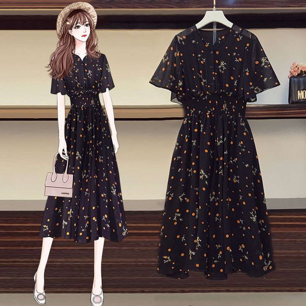 

casual dresses dress large size women's summer age reduction slightly fat sister cover belly waist show thin temperament chiffon 9i0z, Black;gray