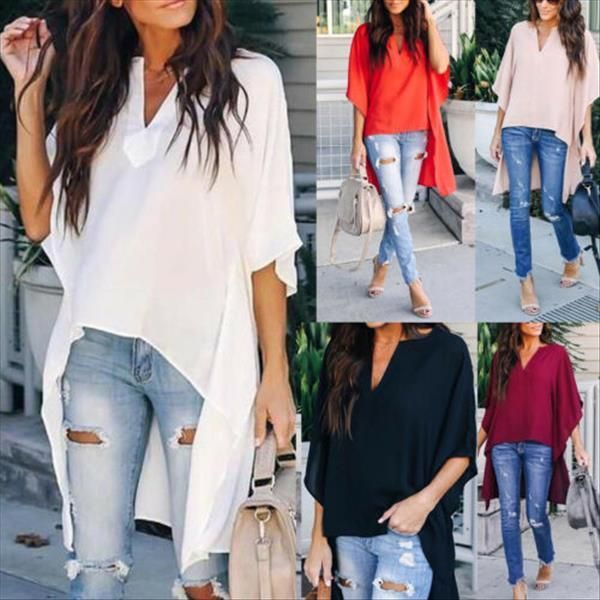 

long sleeve chic elegant women blouses irregular v neck batwing plus solid pullover shirts, White