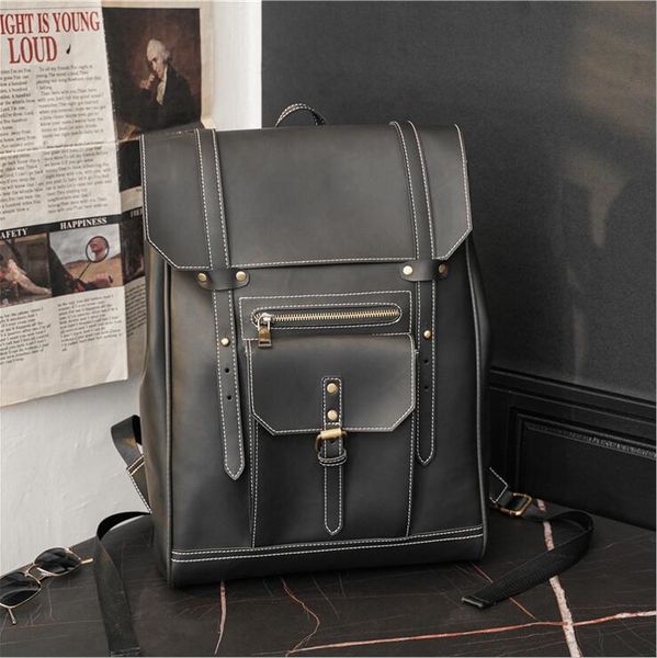 

wholesale men bag retro crazy horse leather backpack european and american fashion belt decorative messenger bags large solid color leathers