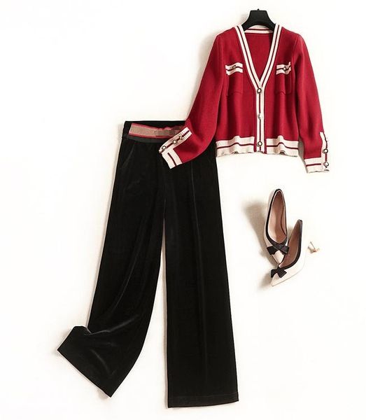

fashion knitted suit women autumn stitching v-neck cardigan sweater coat wide leg pants two-piece women's two piece, White