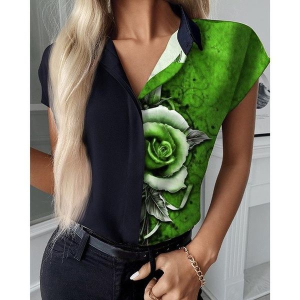 

women's blouses & shirts summer plus size short sleeve floral print shirt office v neck patchwork retro s-5xl women blouse 2021 blu, White