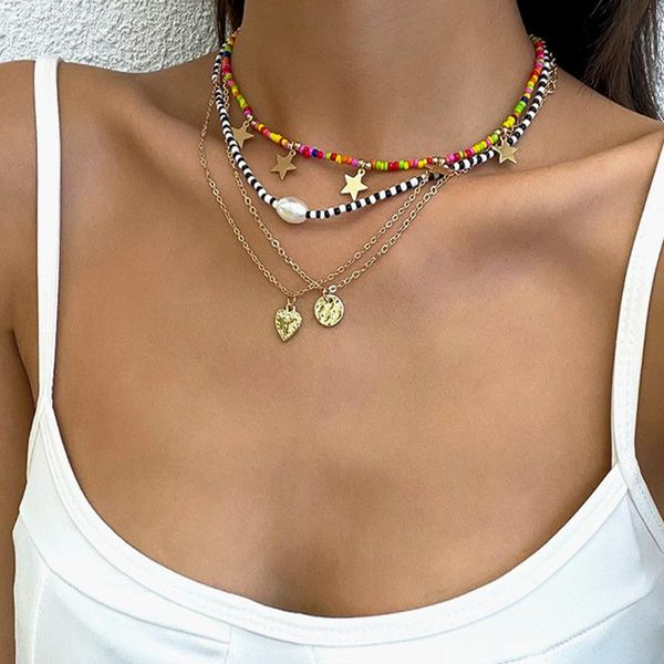 

chokers 4 pcs/set women's boho colorful acrylic beads chains necklaces heart pendant with gold chain choker for women 2021, Golden;silver