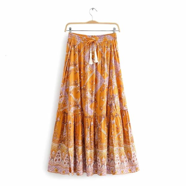 

skirts women orange floral spliced long boho skirts 2021 new spring summer bohemian beach skirt chic womens elastic slits casual 7, Black