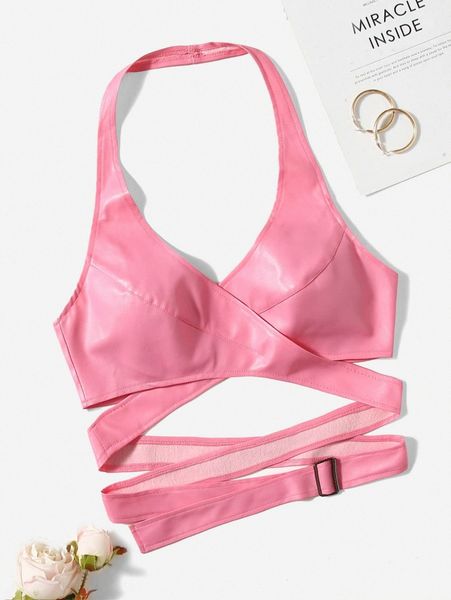 

cross wrap buckled side pu leather halter k389#, White