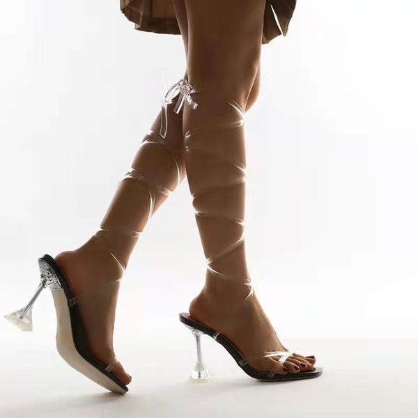 

sandals transparent pvc ankle strap women's square toes flip-flops crystal stiletto high heels open toe women shoes, Black