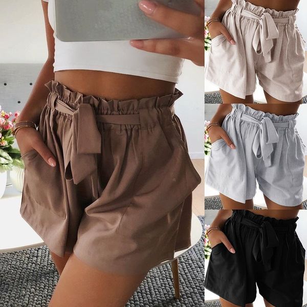 

women's shorts lugentolo womens summer plus size loose a-line with wood ears solid color mid waist sashes streetwear, White;black