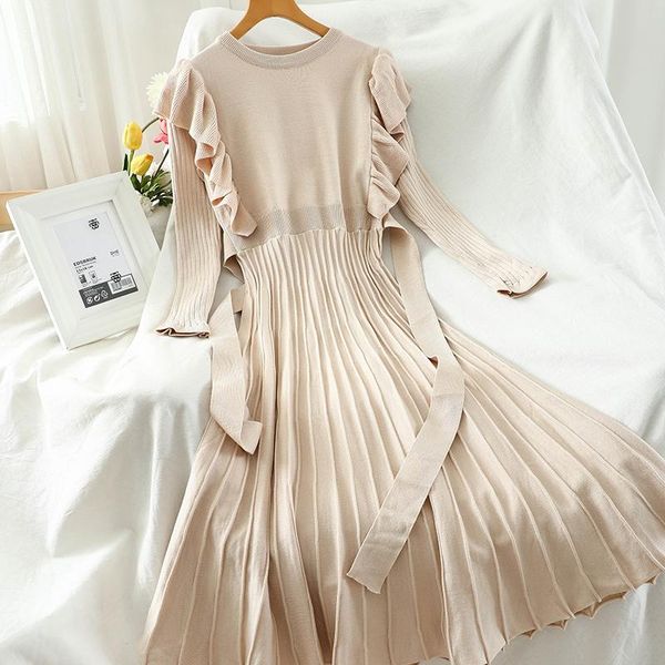 

casual dresses office lady bottom bandage pleated vestidos elegant women bodycon maxi dress ruflles chic solid stretchy knit, Black;gray