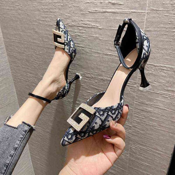 

dress shoes high heels hollow heel's 2022 one line buckle french dign sense of niche pointed single shoes, Black