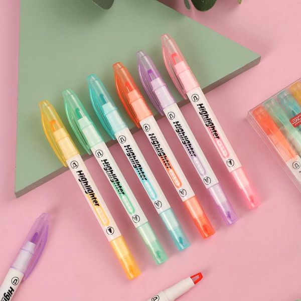 

6pcs/set visible window double headed highlighter pen mild color students writing mark journal kawaii school supplies highlighters, Black;red