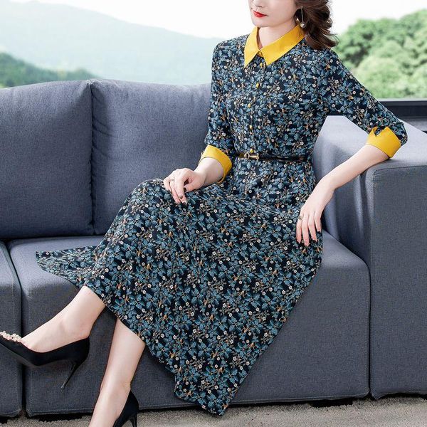 

plus size french style women dress spring three quarter sleeve patchwork floral print dresses 322 casual, Black;gray