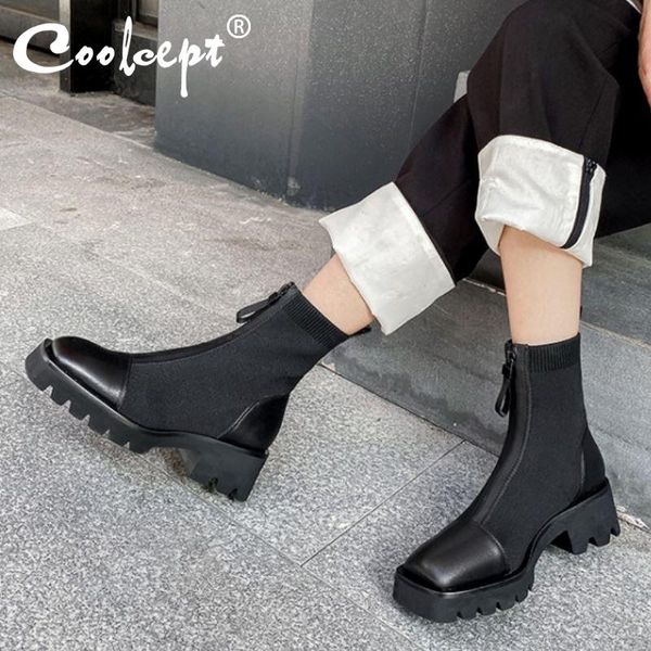 

boots coolcept real leather women ankle front zipper square toe shoes winter fashion party footwear size 34-40, Black
