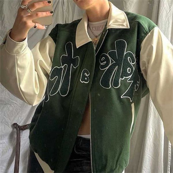 Faça uma viagem Bomber Jacket Mulheres Verde Contraste de Manga Pu Casaco de Couro Outerwear Letra Applique Feminino Outono Baseball Jackets 211112