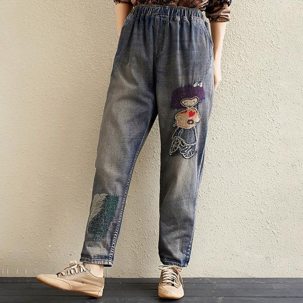 

vintage denim pants women girl feather applique pocket elastic waist jeans loose casual autumn women's, Blue