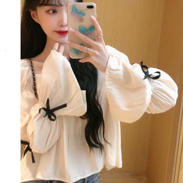 

women's hoodies & sweatshirts white chiffon blouse elegant women's clothes sweet casual loose designer long-sleeve bow 4k68, Black