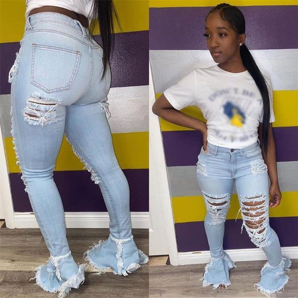 

women's jeans summer ripped for women high waist vintage flare with holes patchwork bell bottom jean denim pants trousers, Blue