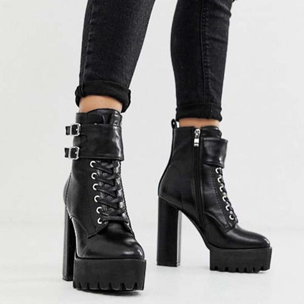 

boots brand sale buckles shoelaces square high heels platform women shoes cool motorcycles female ankle, Black