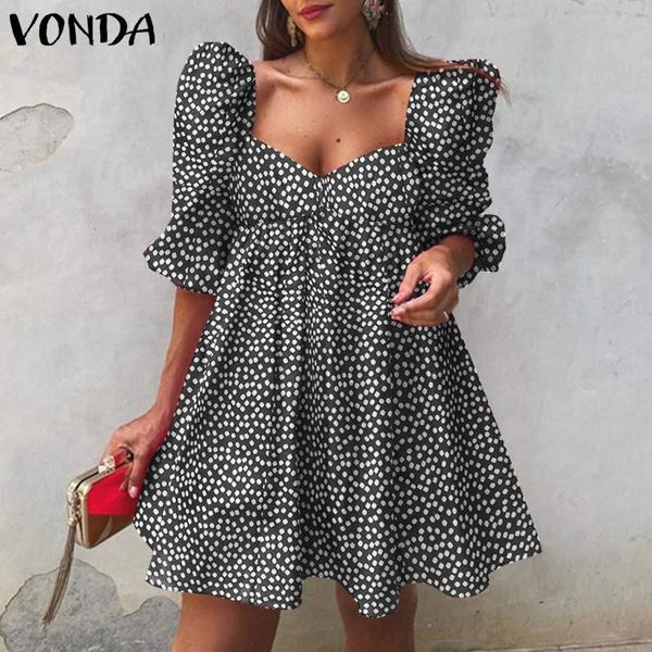 

casual dresses women mini dress vonda 2021 ladies 3/4 sleeve square collar vintage printed bohemian vestidos femme beach sundress, Black;gray