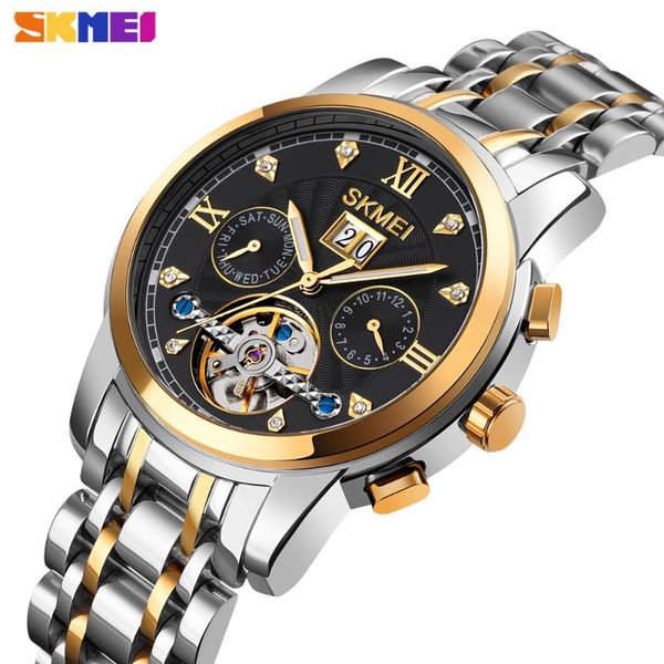 

wristwatches skmei luxury quartz men's watch business automatic mechanical male clock waterproof steel strap month week display wristwa, Slivery;brown