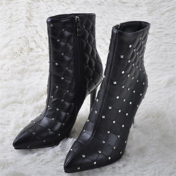 

boots women's pointed toe rivets ankle boots high heel stiletto lattice side zipper booties, Black
