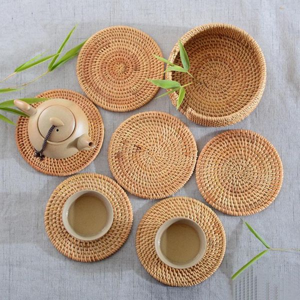 

mats & pads heat insulation handmade rattan plate placemat mat coffee mug cup coasters nonslip kitchen accessory