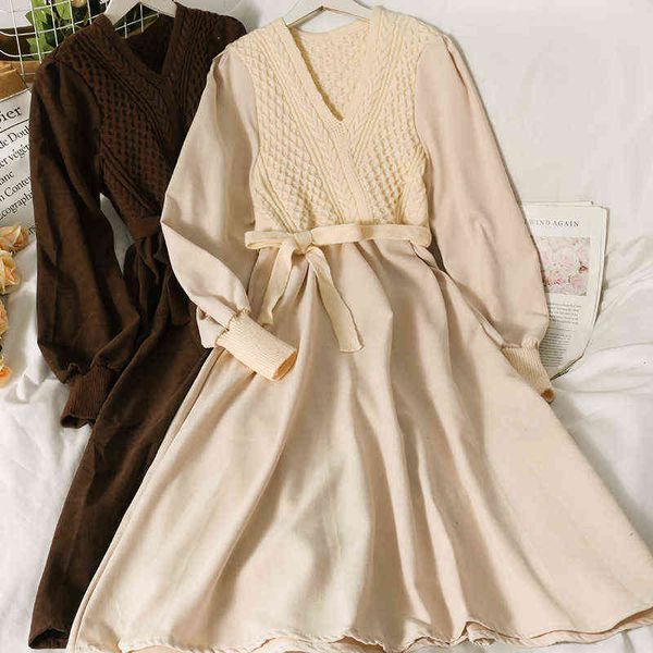 

knitted stitching bow tie high waist midi dress female autumn v-neck long-sleeve large swing sweater knit dress elegant vestidos y1204, Black;gray