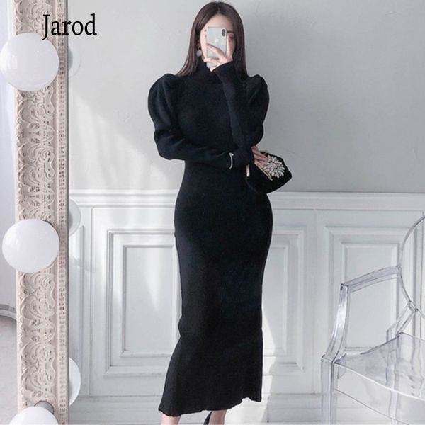 

winter women turtleneck long sweater dress robe elegant puff long sleeve knitted sweaters party dress vestidos female 210518, Black;gray