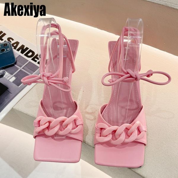 

sandals high heel women real leather narrow band metal chain ankle strap sandalias summer party dress shoes 2021 bc1012, Black