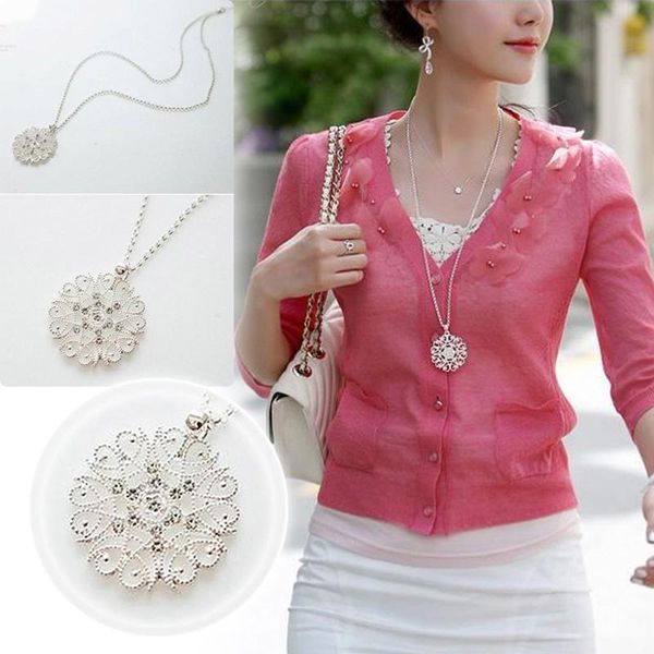 

fashion women crystal hollow flower necklace long chain pendant necklaces jewelry gift ac889, Silver