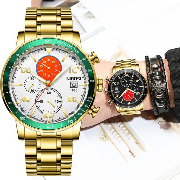 

wristwatches nibosi mens watches fashion brand big dial quartz clock stainless steel waterproof luminous sport watch for men relogio masculi, Slivery;brown