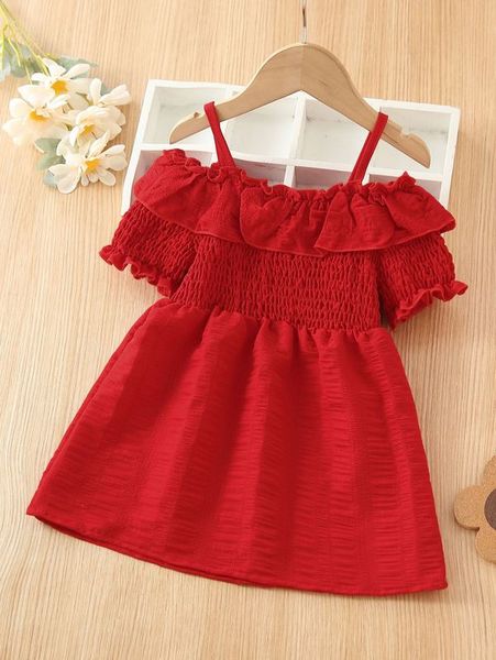 

baby cold shoulder shirred frill trim dress she, Red;yellow