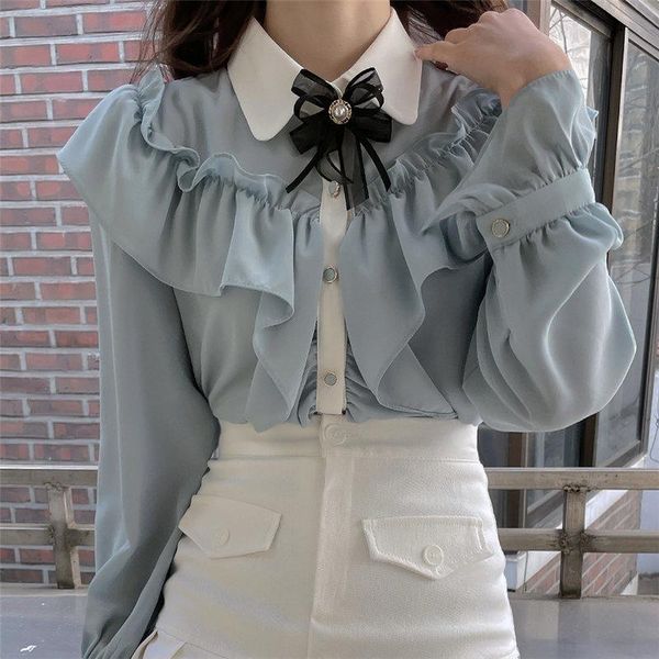 

women's blouses & shirts girls sweet flare sleeves light ruffles basewear retro casual princess gentle streetwear office lady, White