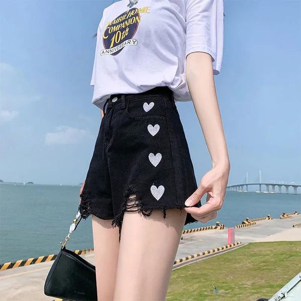 

women's shorts latimeelon black summer jeans harajuku heart embroidery womens leisure korean ulzzang trendy street, White;black