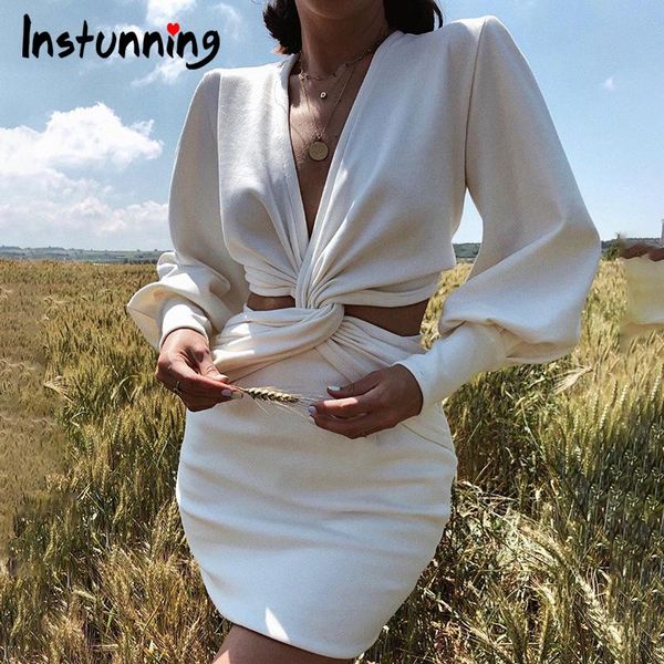 

instunning long sleeve v-neck dresses women hollow out skinny elegant fashion autumn2021 clothing mini party white casual, Black;gray