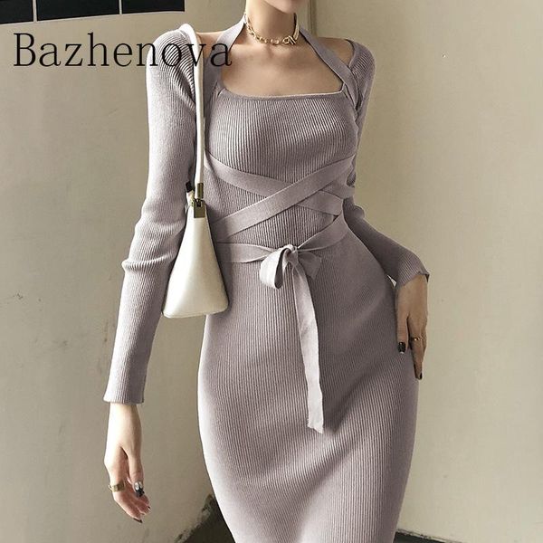 

casual dresses bazhenova women elegant lace up girls square collar split solid color knit gowns lady warm winter dress woman r1117, Black;gray
