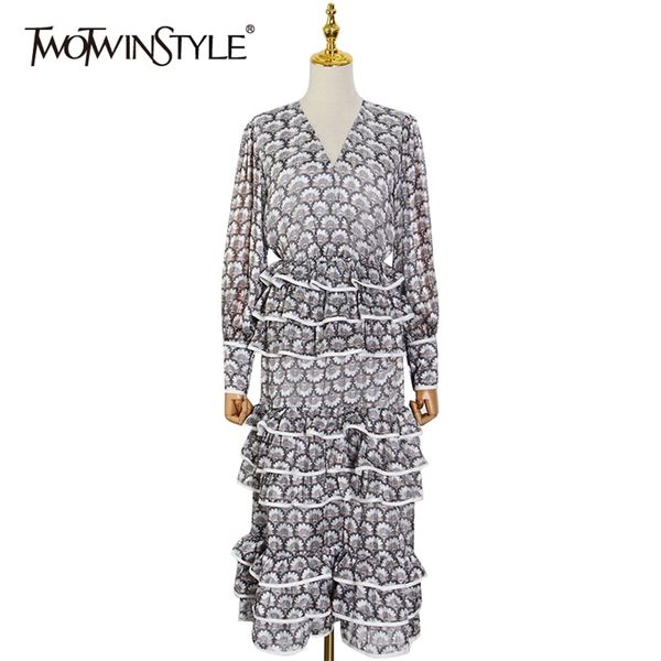 

print elegant patchwork ruffle dress for women v neck lantern long sleeve high waist midi dresses female spring 210520, Black;gray