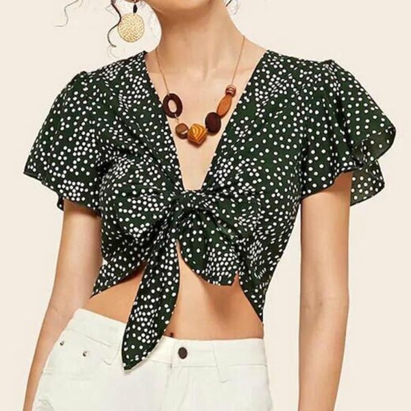 Blouses feminina camisas de verão de bolinhas verdes imprimir nó frontfrop blusa top top week casual v pesco