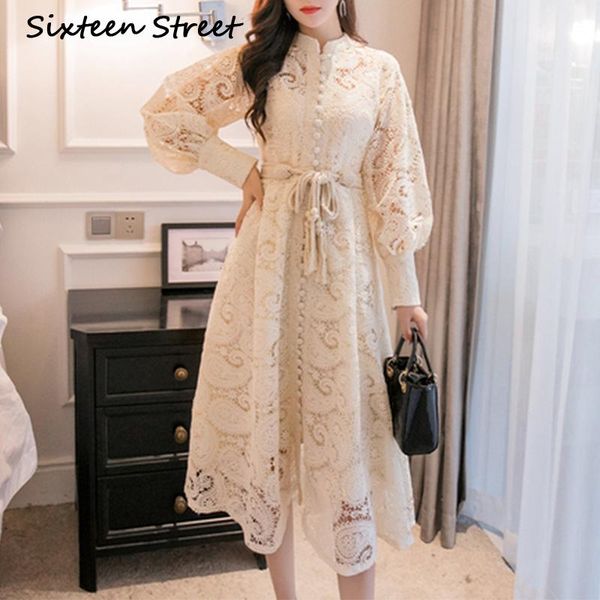 

casual dresses braided belt high waist woman's dress hollow out embroidery long-sleeve apricot vintage maxi autumn 2021, Black;gray