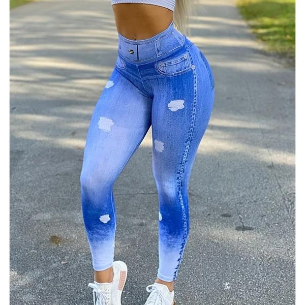 

women's leggings mandylandy ripped print legging women high waist tight imitation denim fitness yoga pants skinny pencil tracksuits, Black