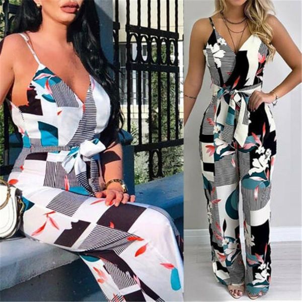 

women's jumpsuits & rompers women print leisure summer v-neck sling long loose ladies clubwear playsuit bodycon party jumpsuit, Black;white