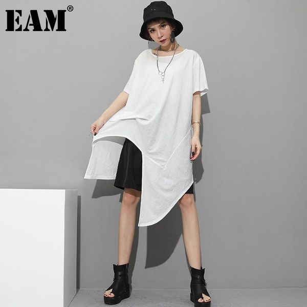 

[eam] women white irregular split joint big size t-shirt round neck short sleeve fashion tide spring summer 2021 1z306 women's